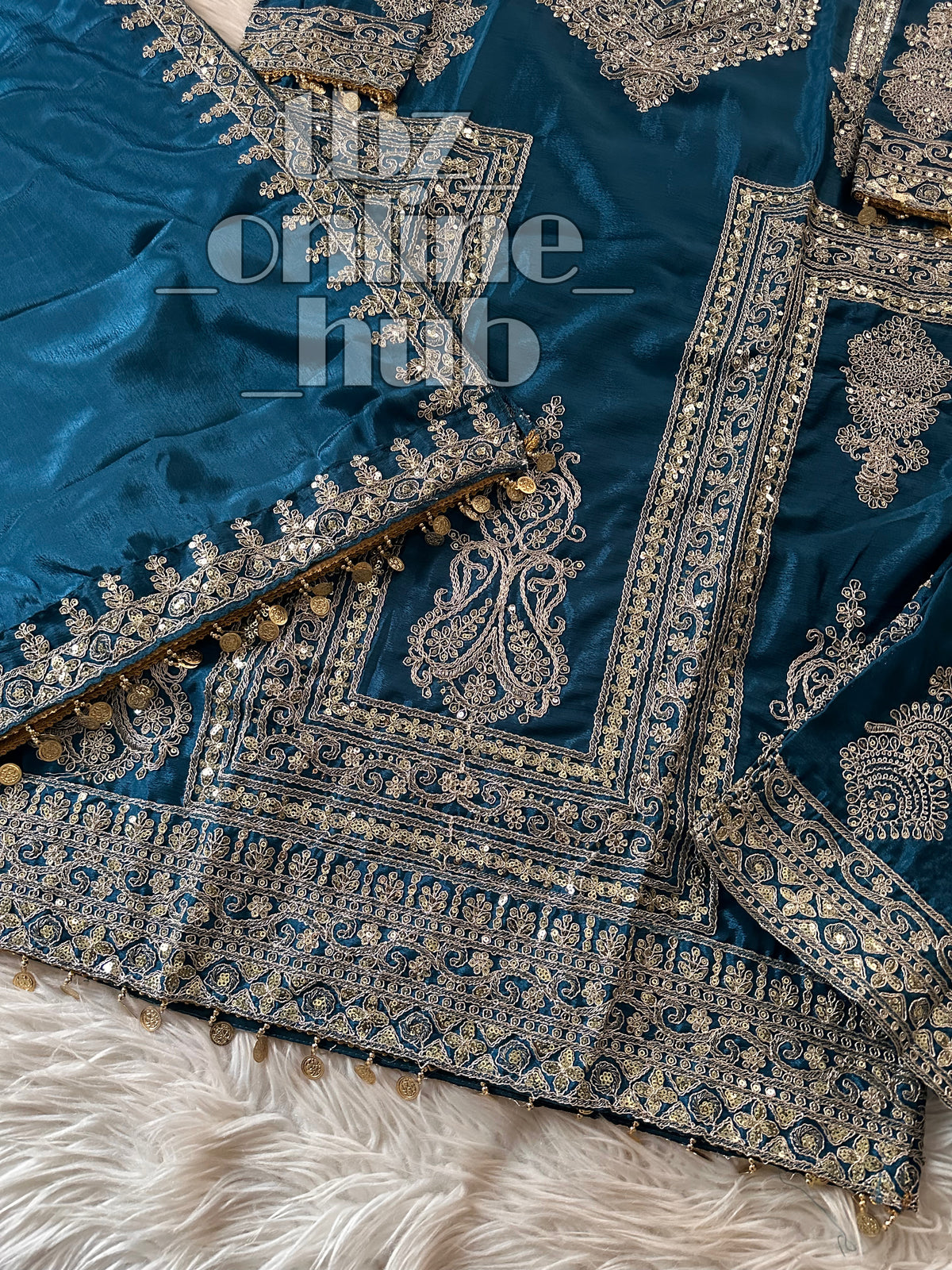 “Elegant Eid Ensemble: Heavy Chinnon Long Top & Palazzo with Dupatta”