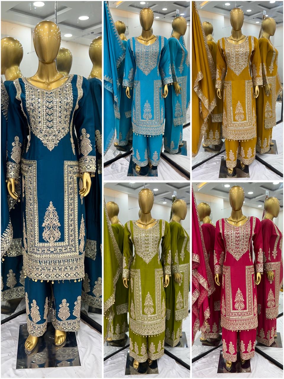 “Elegant Eid Ensemble: Heavy Chinnon Long Top & Palazzo with Dupatta”