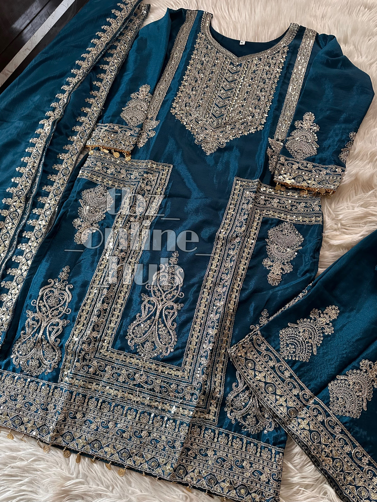 “Elegant Eid Ensemble: Heavy Chinnon Long Top & Palazzo with Dupatta”