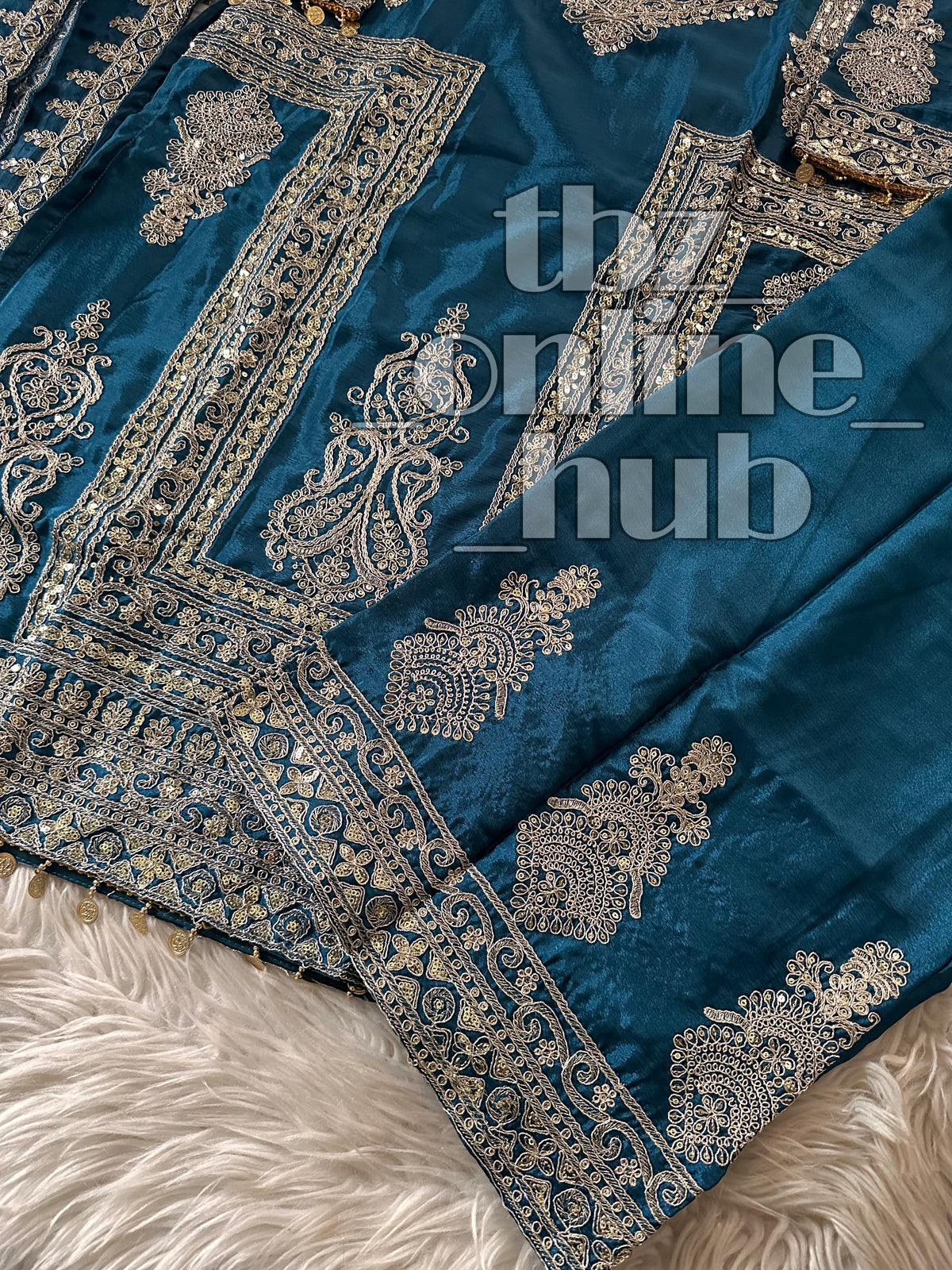 “Elegant Eid Ensemble: Heavy Chinnon Long Top & Palazzo with Dupatta”