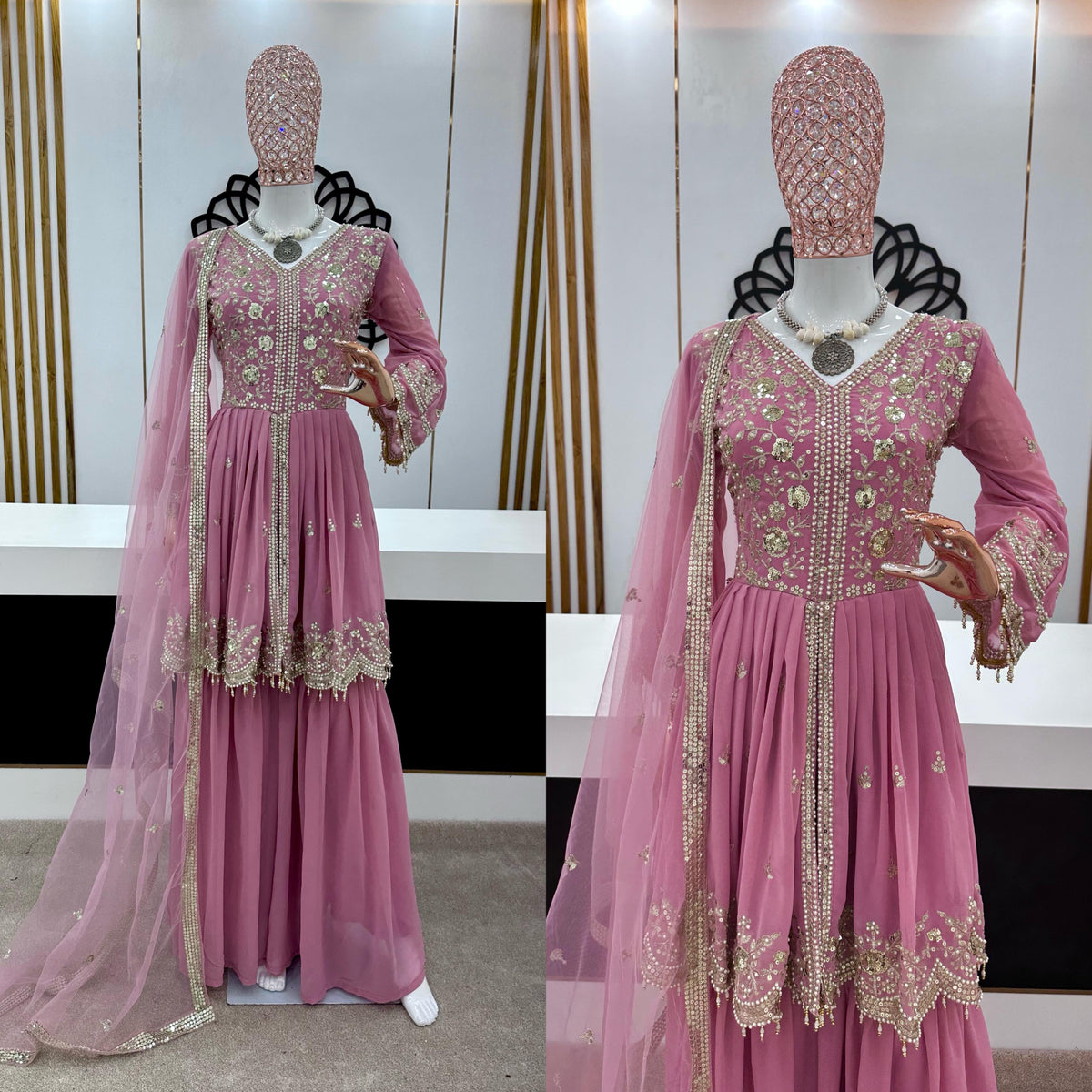 Faux Georgette With 5mm Heavy Embroidery sequence Work With full Sleeves and pal Moti handwork