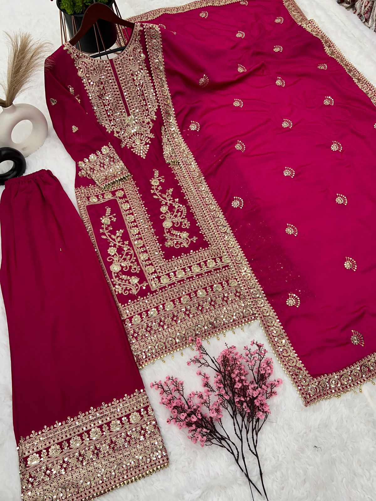 Presenting New Designer Collection In Pure Chinnon With Heavy Embroidery Coding Dori-Sequence Work Top-Bottom And Dupatta Set Fully Stitched Ready To Wear *