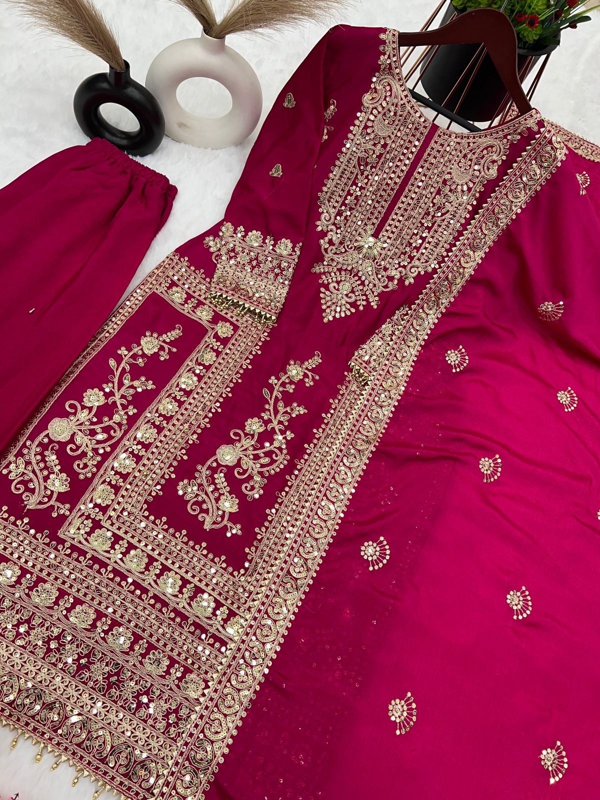 Presenting New Designer Collection In Pure Chinnon With Heavy Embroidery Coding Dori-Sequence Work Top-Bottom And Dupatta Set Fully Stitched Ready To Wear *