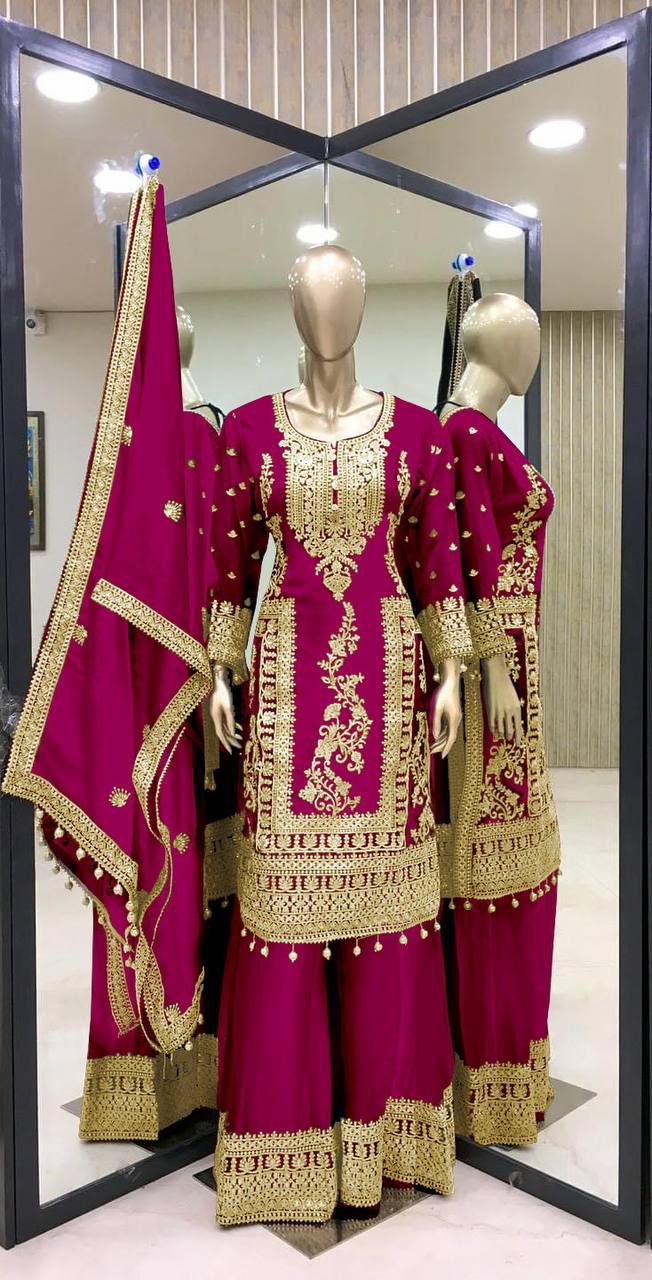 Presenting New Designer Collection In Pure Chinnon With Heavy Embroidery Coding Dori-Sequence Work Top-Bottom And Dupatta Set Fully Stitched Ready To Wear *